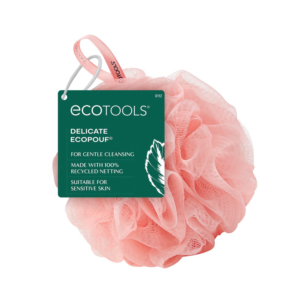 Pink EcoPouf mesh shower scrubber with dense ruffled loop texture