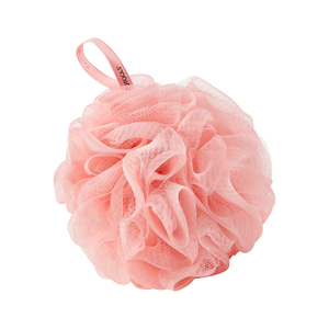 Pink EcoPouf mesh shower scrubber with dense ruffled loop texture