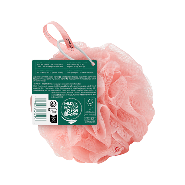 Pink EcoPouf with attached care-label card and ruffled mesh scrubber loops