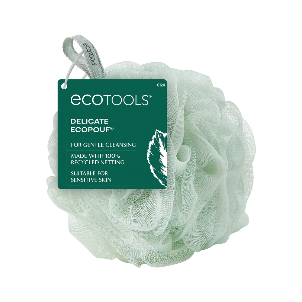 Green recycled mesh bath pouf with rosette texture and top hanging loop