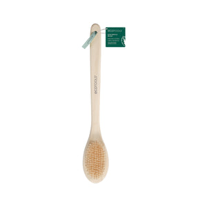 Bamboo bath brush with oval bristle head and ecotools label on packaging cards.