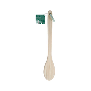 Bamboo bath brush with oval bristle head and hanging tag on a loop.