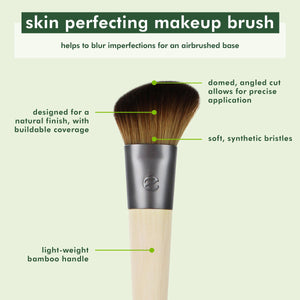 Skin perfecting makeup brush with dome head, soft synthetic bristles, and bamboo handle