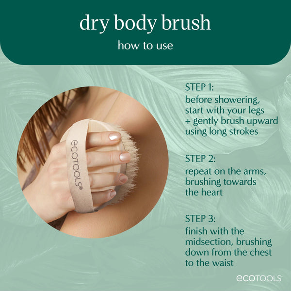 Hand using a dry body brush with a wood handle and bristle head