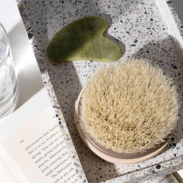 Dry body brush with round bristle head on a tray