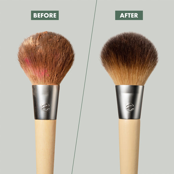 Makeup brush before-and-after cleaning results shown on bristles