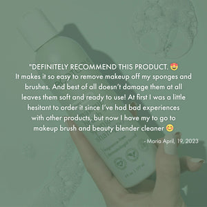 Sage-green ECOTools shampoo bottle and sponge, customer review text overlay