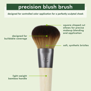 Blush brush product diagram with square-cut bristles and bamboo handle