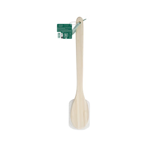 Wood-handled loofah bath brush with oval scrub head and hanging loop