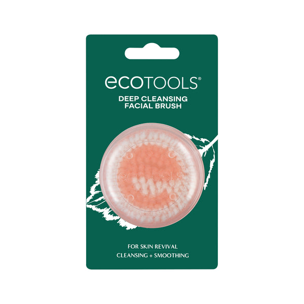 Pink round facial brush on retail card with ecotools branding