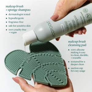 Silicone makeup brush cleansing pad with textured surface and ecoTOOLS shampoo bottle