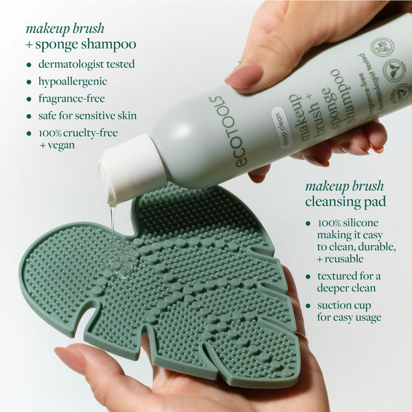 Silicone makeup brush cleansing pad with textured surface and ecoTOOLS shampoo bottle