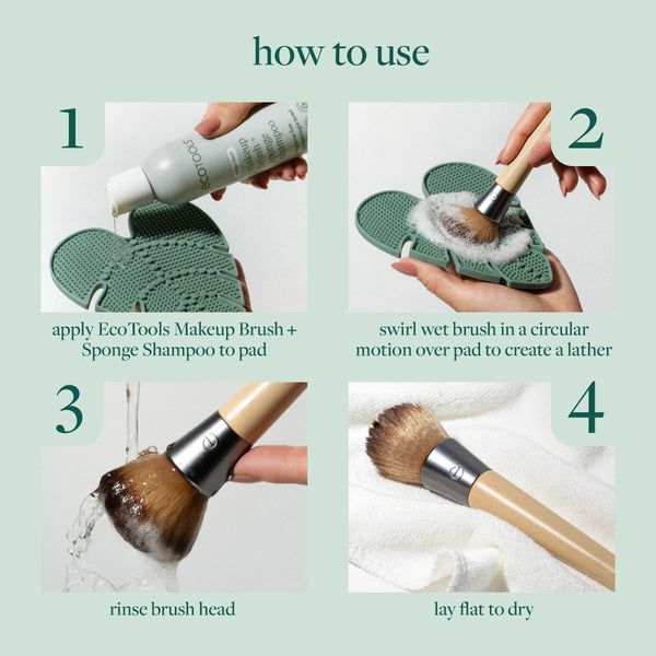 Makeup brush cleaning pad and deep-clean shampoo bottle, showing step-by-step use layout