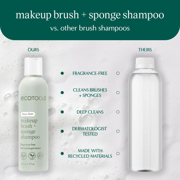 Makeup brush cleansing pad and deep-clean shampoo bottle comparison set, white bottles on pad