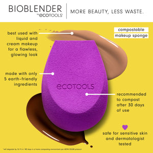 Purple teardrop makeup sponge with ecotools logo on the front, textured surface