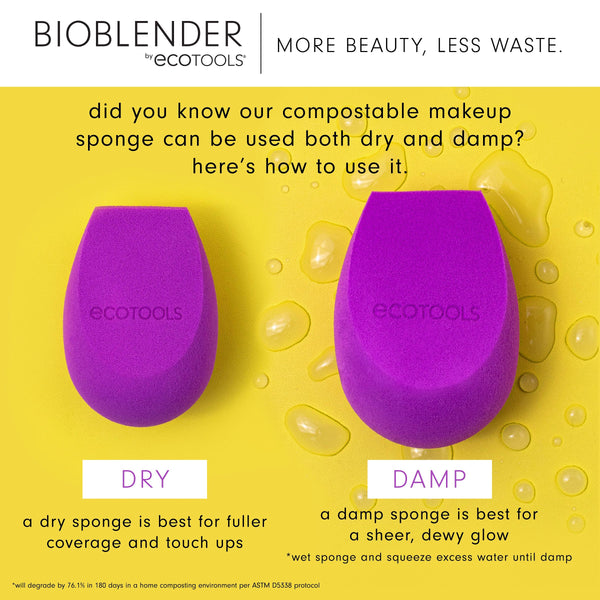 Purple teardrop makeup sponge duo with textured finish, ecotools logos