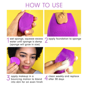 Purple teardrop makeup sponge used to apply foundation, textured surface