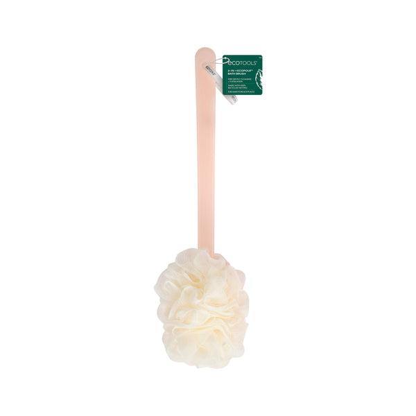 Cream loofah bath brush with light pink handle, with hanging product card