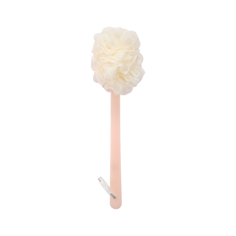 Cream loofah bath brush with ruffled puff head on slender light pink handle