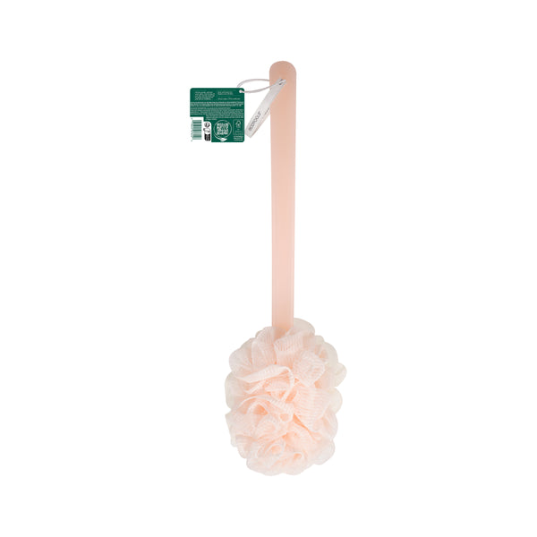 White loofah bath brush with ruffled puff head on long light pink handle