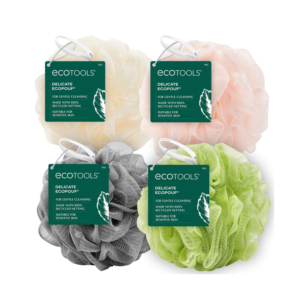 EcoPouf® bath sponge set, four ruffled mesh colors: green, pink, white, dark gray
