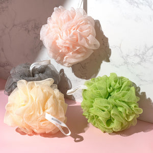 EcoPouf® bath sponge assortment, four ruffled mesh loofahs in pink, gray, cream, green