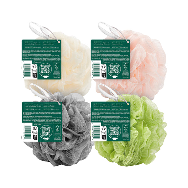 EcoPouf® bath sponge set, yellow, pink, dark gray, and green with hang tags
