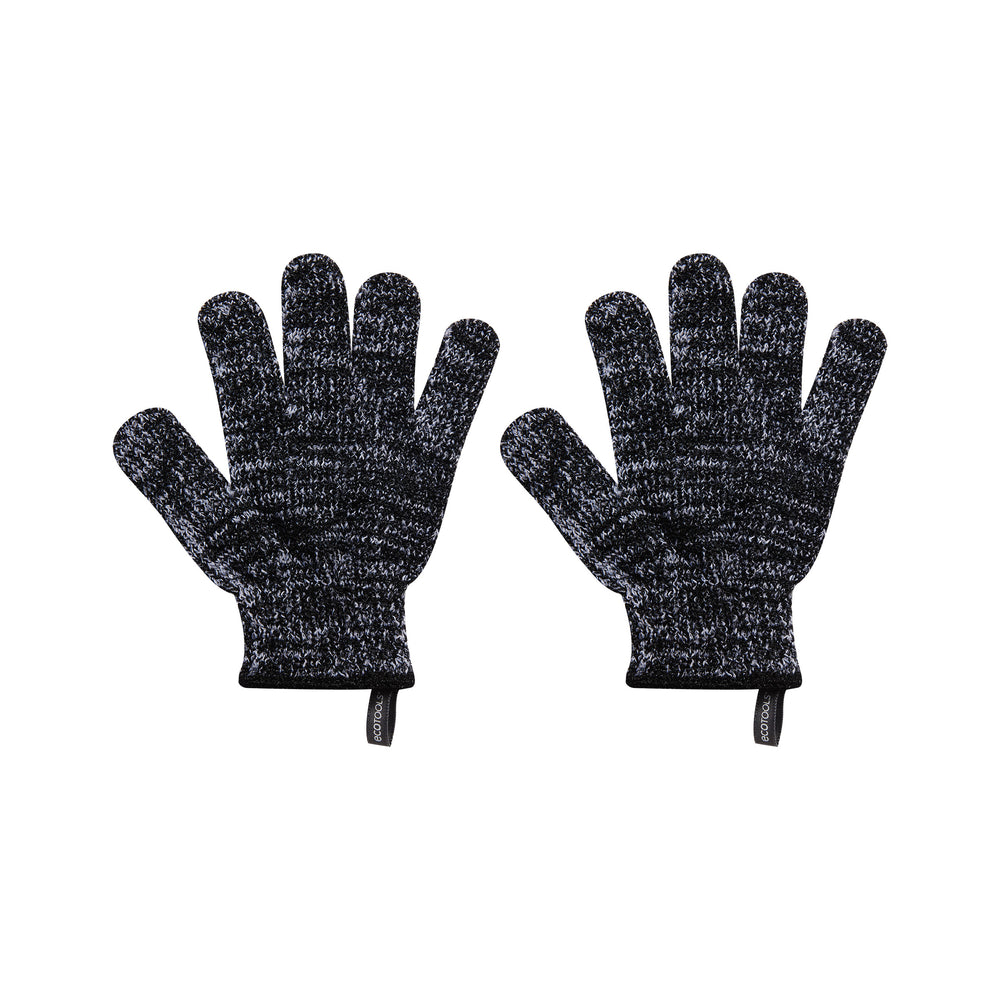 Charcoal-infused bath gloves, two dark speckled knit gloves shown side by side