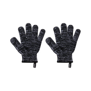 Charcoal-infused bath gloves, two dark speckled knit gloves shown side by side