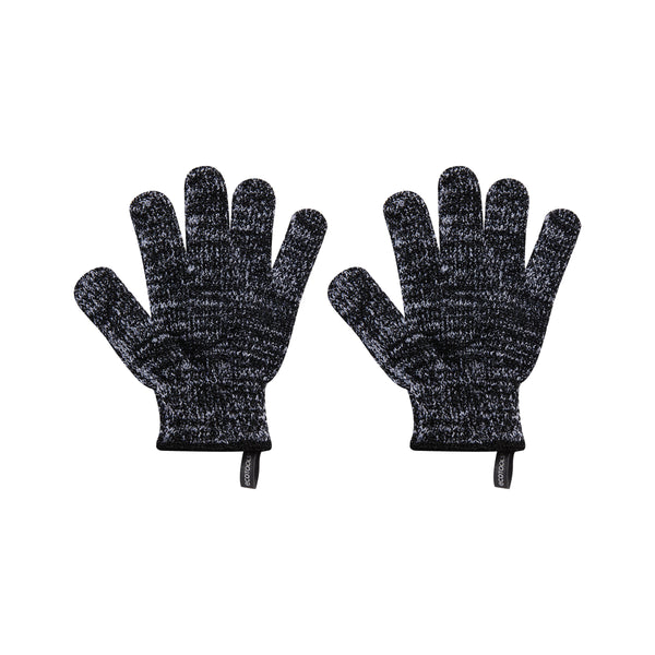 Charcoal-infused bath gloves, two dark speckled knit gloves shown side by side