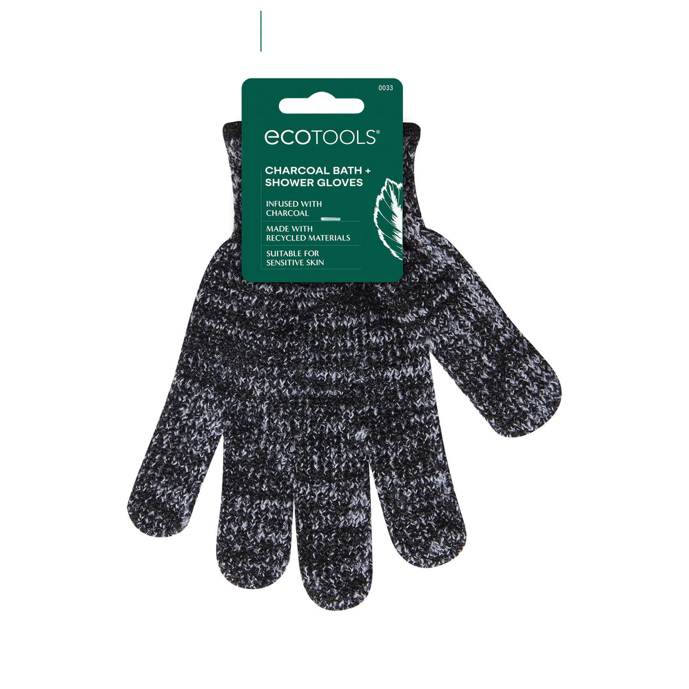 Charcoal-infused bath gloves, two dark speckled knit gloves shown side by side