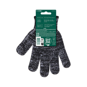 Charcoal-infused bath gloves on retail packaging, dark speckled knit pair on card