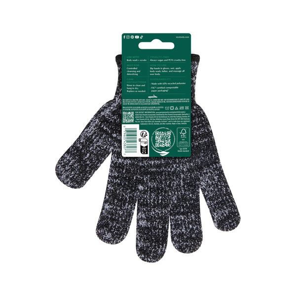 Charcoal-infused bath gloves on retail packaging, dark speckled knit pair on card