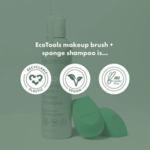 ECOTOOLS makeup brush and sponge shampoo with green sponge and eco icons