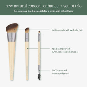 Makeup brush trio with diagram callouts for synthetic bristles and bamboo handles