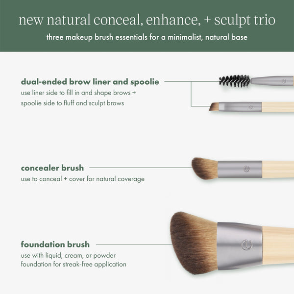 Makeup brush trio labeled: dual-ended brow liner and concealer and foundation brushes