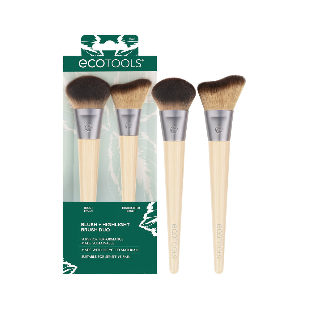 Blush and highlight brush set with two tapered heads, beige handles, and soft brown bristles