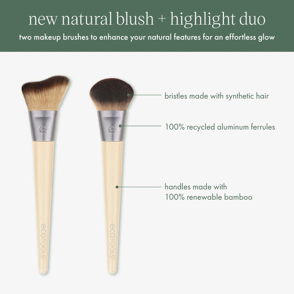 Set of two makeup brushes with beige bamboo handles and soft brown synthetic bristles