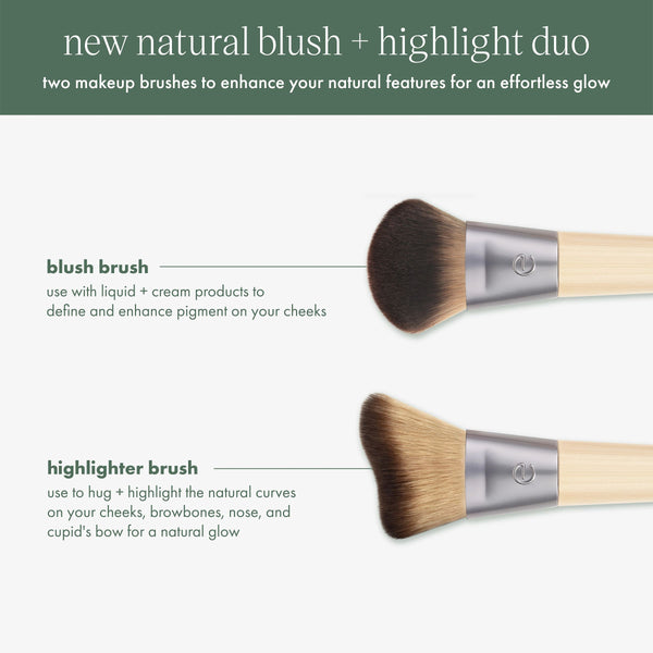 Blush and highlight brush heads shown on light background, each with soft brown bristles