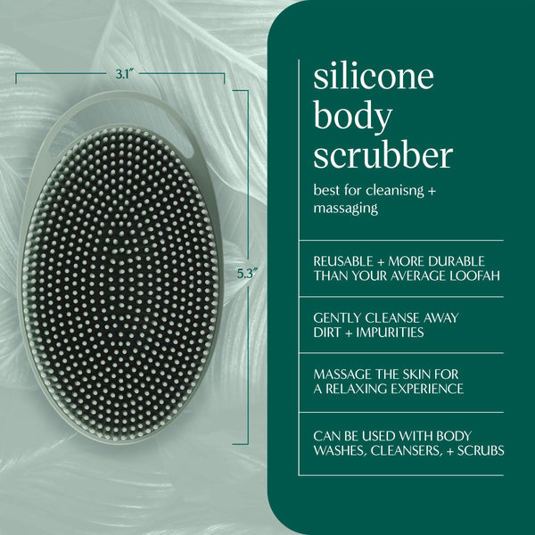 Silicone body scrubber with oval bristle side featuring raised circular massage nodes