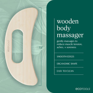 Curved bamboo wooden body massager with handle opening, smooth edges, ecotools brand.