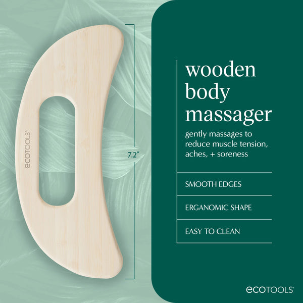 Curved bamboo wooden body massager with handle opening, smooth edges, ecotools brand.