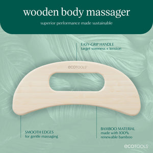 Bamboo wooden body massager with easy-grip handle and oval slot, ecotools branding.