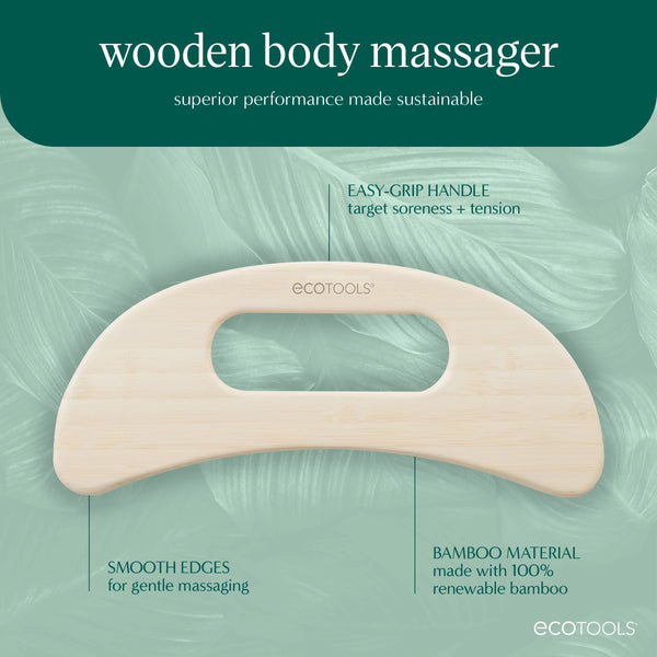Bamboo wooden body massager with easy-grip handle and oval slot, ecotools branding.