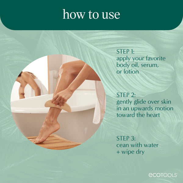 How-to use graphic showing bamboo wooden body massager applying upward strokes.