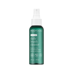 Brush cleaner bottle with white mist sprayer and dark green bottle, front view.