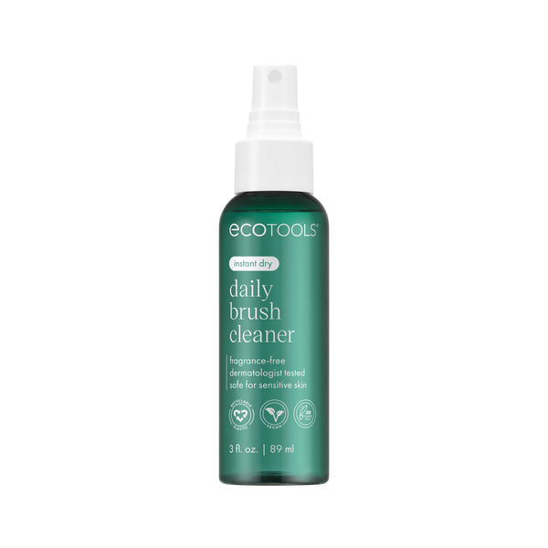 Brush cleaner bottle with white mist sprayer and dark green bottle, front view.