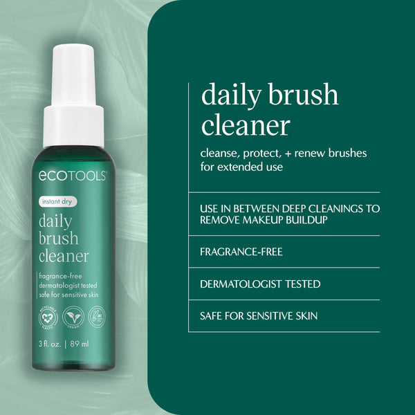 Brush cleaner bottle with white sprayer and dark green label, front view.
