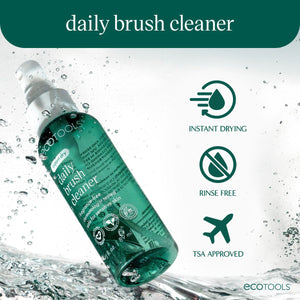 Green brush cleaner bottle with white sprayer and water droplets, with instant-dry icons.
