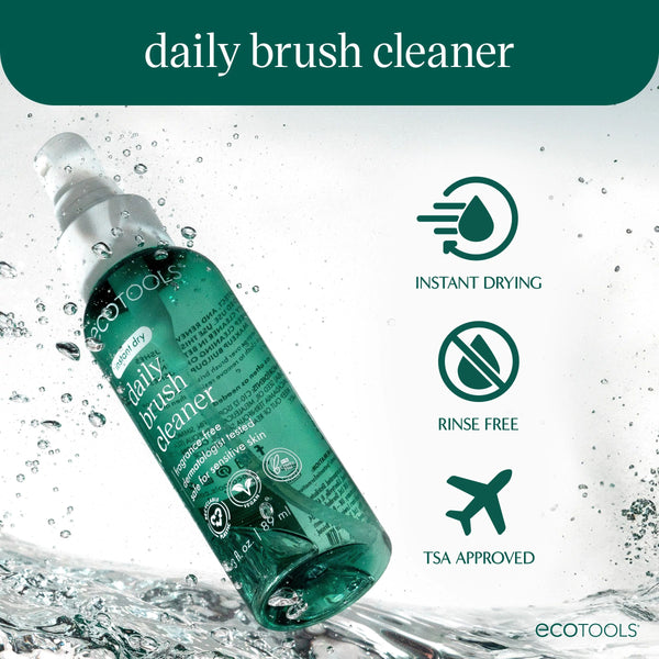 Green brush cleaner bottle with white sprayer and water droplets, with instant-dry icons.